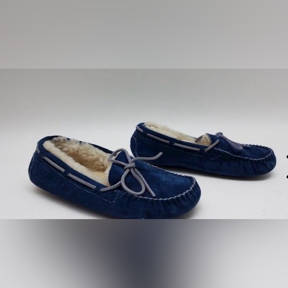 UGG Blue Suede Sherpa Fleece Lined Rubber Sole Moccasins - Picture 2 of 5